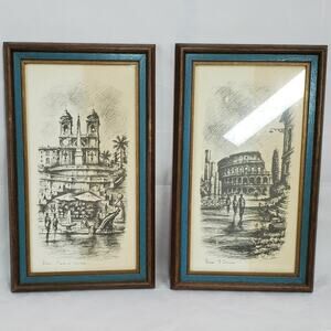 Vintage Framed Rome Sketch Prints Set Piazza di Spagna Colosseum Signed Set of 2